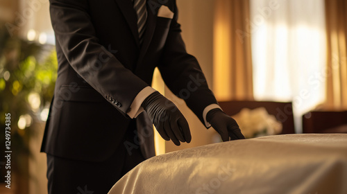 Funeral director in black suit preparing a casket in warm light