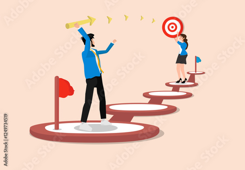 Strategic planning procedure, progress, success, career development, company advancement, timeframe, or winning solution concept, man hurling arrows toward success.