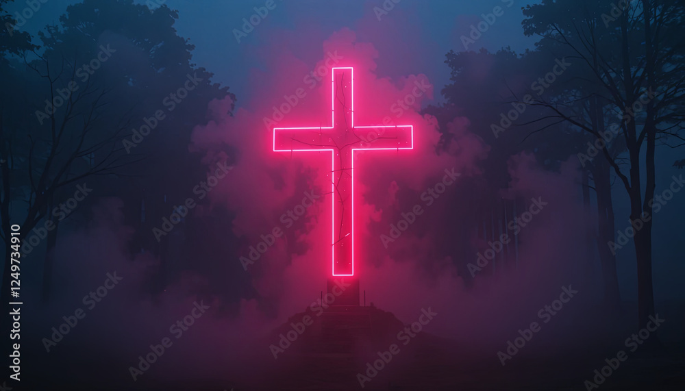 A vivid neon cross stands tall amidst a foggy forest, casting a bright pink glow. Trees surround the cross, creating a mysterious and serene atmosphere in the twilight A vivid neon cross stands tall amidst a foggy forest, casting a bright pink glow. Trees surround the cross, creating a mysterious and serene atmosphere in the twilight