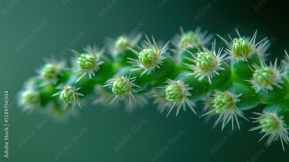 Obraz premium Close-up of cactus branch with buds, blurred green background