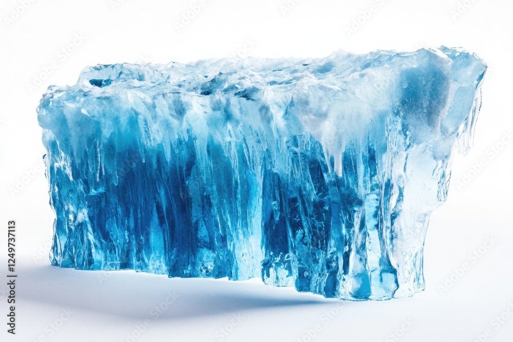 Fototapeta premium A stunning blue iceberg, sharply detailed, isolated on a white background, showcasing its icy texture and glacial formations.