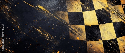 This striking checkered flag graphic on a bold dark background with gold highlights is perfect for racing themes and design projects, making it great for automotive visuals and promotions