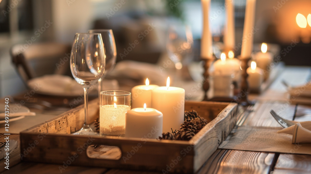 table with candles on wooden tray table with candles on wooden tray