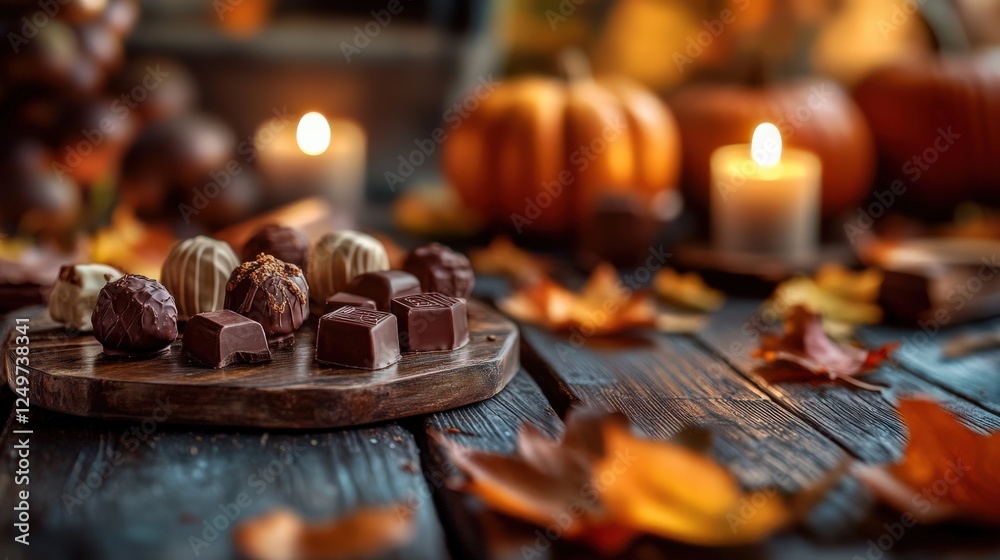 Delicious chocolates on a wooden platter with autumn leaves and candles, perfect for cozy fall gatherings.