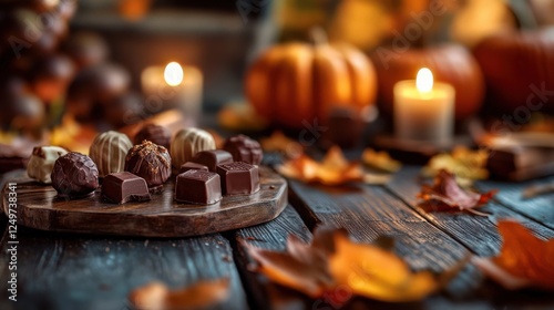 Obraz na płótnie Delicious chocolates on a wooden platter with autumn leaves and candles, perfect for cozy fall gatherings. w salonie