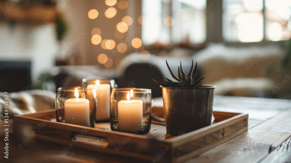 table with candles on wooden tray table with candles on wooden tray