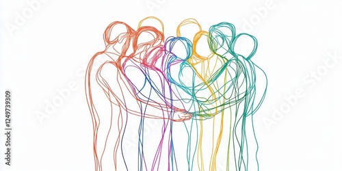 Minimalist line art of multiple people hugging, each figure outlined with colorful lines for contrast against the white background Generative AI