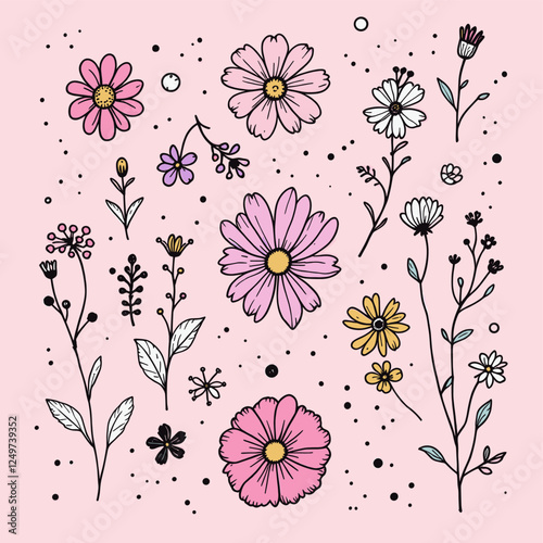 Various flowers and plants, including daisies, lilies, and other colorful blooms, scattered across a pink background with black dots. Vector patterns, random pattern