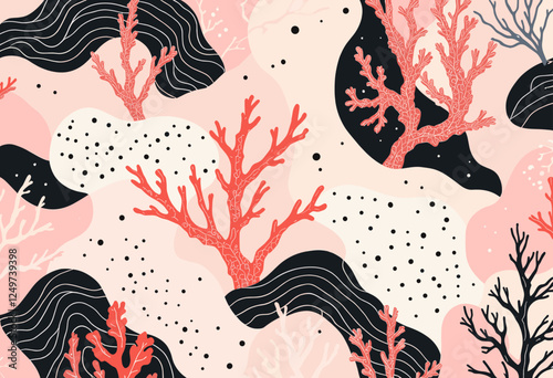 Stylized coral and seaweed in shades of pink, black, and white, with black lines and dots scattered throughout. Vector patterns, random pattern