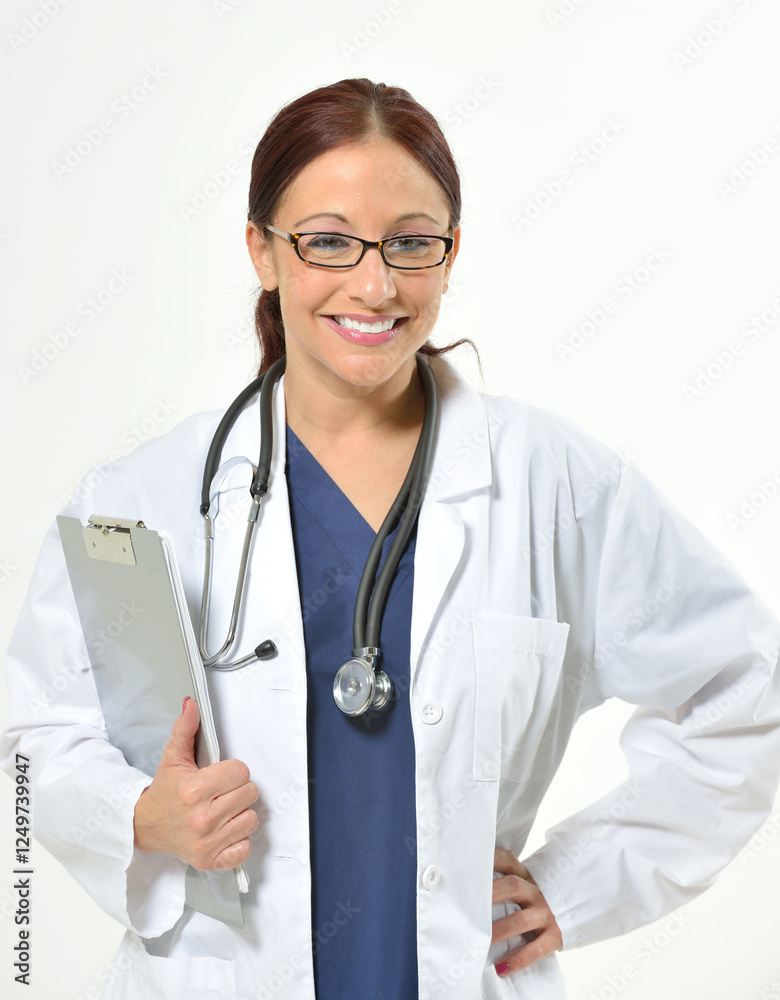 Red haired female healthcare professional smiling as she holds a clipboard - wearing lab coat and stethoscope Red haired female healthcare professional smiling as she holds a clipboard - wearing lab coat and stethoscope
