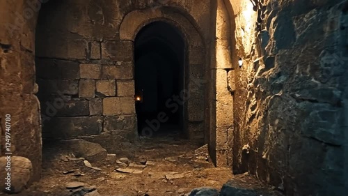 Mysterious ancient stone passage with dim light and arched doorway leading into darkness