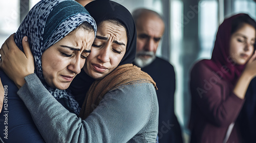 Heartbroken Muslim family grieving tragic loss, death of loved one. Emotions of drama, tears, sorrow. tragic moment of mourning at death of close relative photo