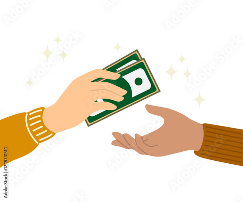 Hand giving money. Cash exchange flat illustration