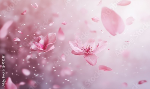 Abstract pink flower petals falling from a branch, captured mid-motion with a blurred pastel background, creating a soft and dreamy effect