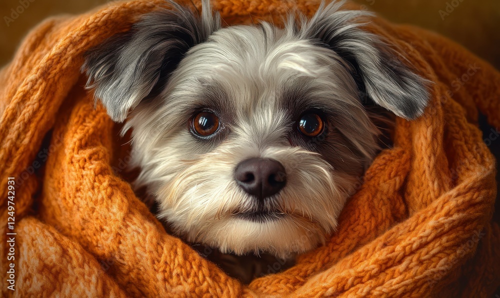 Adorable small dog wrapped in a cozy orange blanket, looking directly at the camera with an innocent expression, radiating warmth and comfort. Adorable small dog wrapped in a cozy orange blanket, looking directly at the camera with an innocent expression, radiating warmth and comfort.