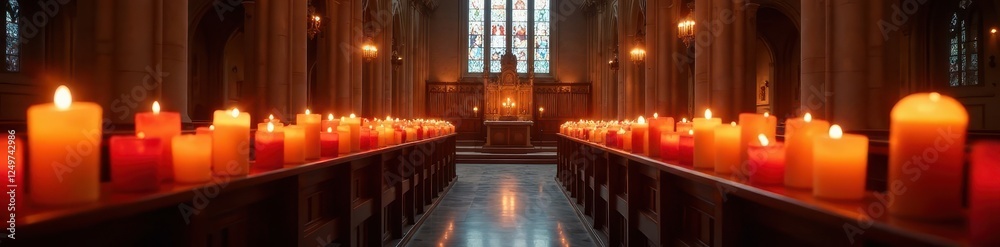 Fototapeta premium Many flickering candles in a church sanctuary , design, candles, calm