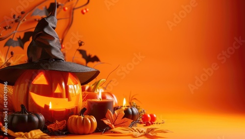 A festive Halloween scene with carved pumpkins and autumn leaves on an orange background, perfect for the spooky season.