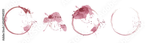 A set of stains from red wine, drink, juice. Splashes, streaks, drops, spilled liquid, blots. Isolated. Vector illustration.