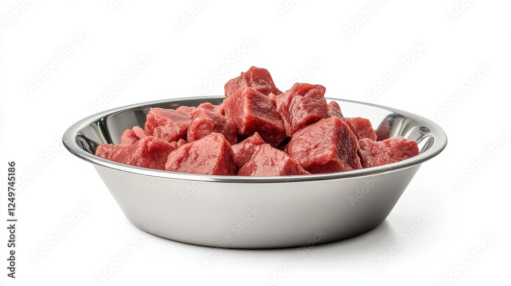 An empty and full bowl with meat, dry or wet feed, for a dog or cat. Modern realistic mock-up of a chrome dish on a white background. An empty and full bowl with meat, dry or wet feed, for a dog or cat. Modern realistic mock-up of a chrome dish on a white background.