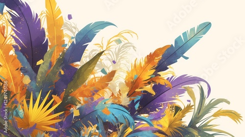Colorful feathers and confetti creating a vibrant festive atmosphere