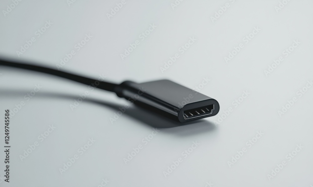 Fototapeta premium Black USB cable lying neatly on a clean bright surface, close-up view of connector details, minimal tech product presentation, sharp contrasts
