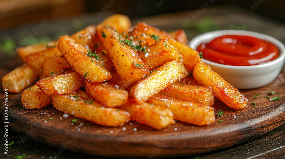 A close-up of golden, crispy french fries seasoned with herbs, served on a wooden plate with ketchup