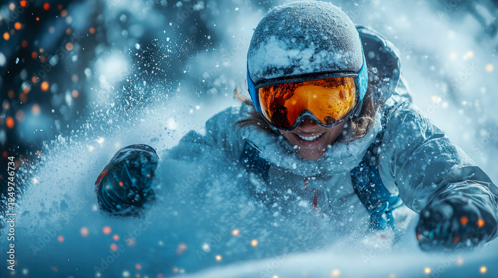 A determined ski racer in a black helmet and orange jacket charging through a snowy mountain course A determined ski racer in a black helmet and orange jacket charging through a snowy mountain course