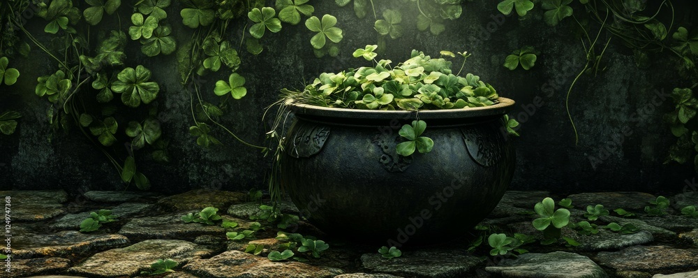 A pot filled with lush green clovers in sunlight.