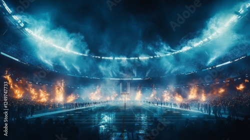Professional players take their positions on the field, ready to unleash their power in a fierce championship battle. The stadium glows dramatically, fueling the competition's raw energy