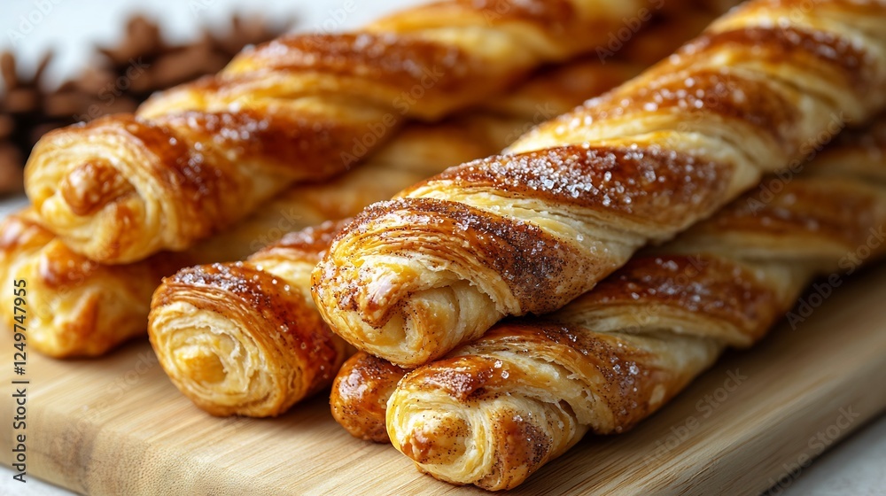 Flaky buttery puff pastry twists with cinnamon and sugar topping freshly baked and isolated on a plain background a sweet bakery favorite Flaky buttery puff pastry twists with cinnamon and sugar topping freshly baked and isolated on a plain background a sweet bakery favorite
