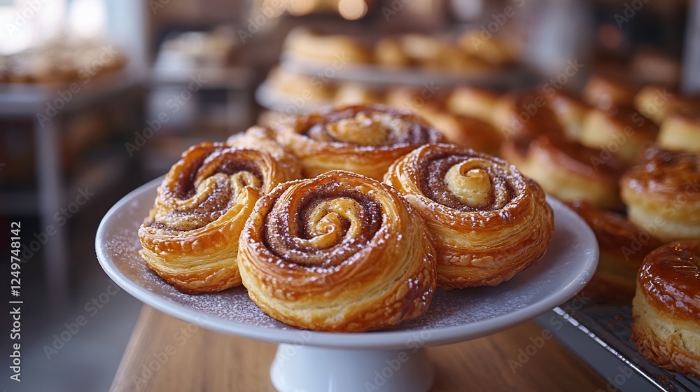 Flaky puff pastry twists cinnamon and sugar topping freshly baked and displayed on a bakery counter surrounded by various pastries in a cozy bakery shop Flaky puff pastry twists cinnamon and sugar topping freshly baked and displayed on a bakery counter surrounded by various pastries in a cozy bakery shop