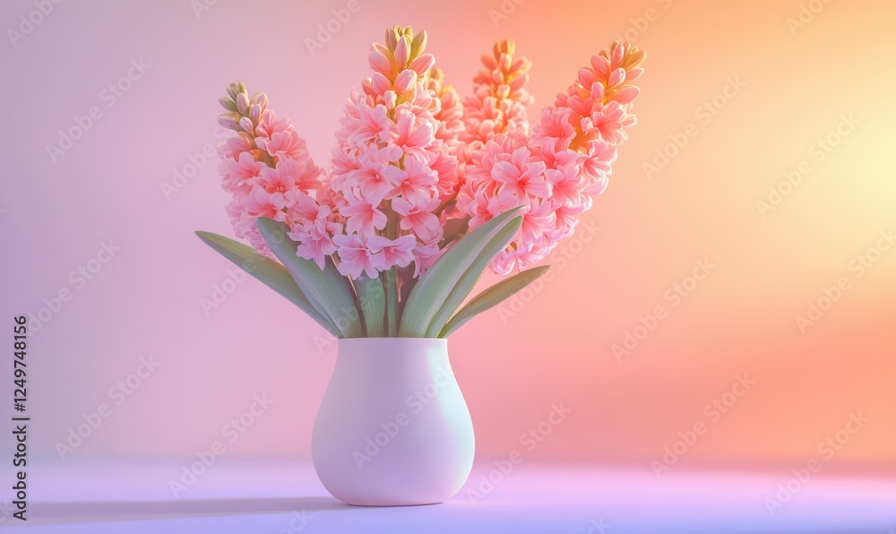 Bright pink hyacinths in a modern vase on a pastel background, with a soft glow illuminating the intricate details of each bloom