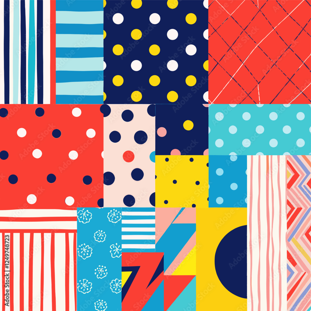 A vibrant patchwork of various patterns and designs, including stripes, polka dots, zigzags, and floral motifs, creating a visually striking and diverse composition. Vector patterns, random pattern