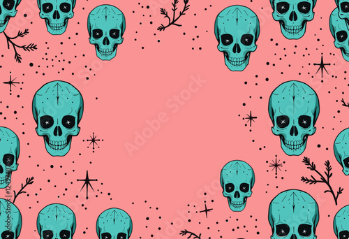 A circular arrangement of turquoise skulls with black lines and dots, set against a pink background with scattered stars and black lines. Vector patterns, random pattern