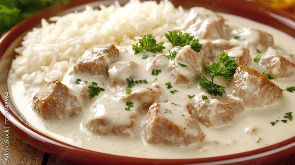 French blanquette de veau veal stew a creamy white sauce served with rice and garnished with parsley French blanquette de veau veal stew a creamy white sauce served with rice and garnished with parsley