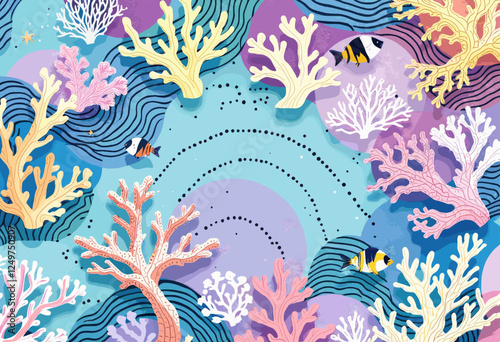 A vibrant underwater scene with coral reefs, fish, and a rainbow arching across the background. Vector patterns, random pattern