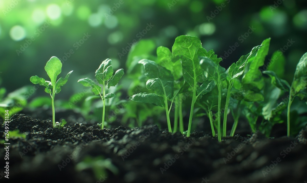 Close-up of various vegetable plants growing in fertile soil, rich green leaves detailed against a bright background, organic gardening concept, fresh vibrant tones Close-up of various vegetable plants growing in fertile soil, rich green leaves detailed against a bright background, organic gardening concept, fresh vibrant tones