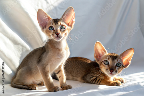Two oriental shorthair kittens on white background. Oriental shorthair kittens sitting in sunlight photo