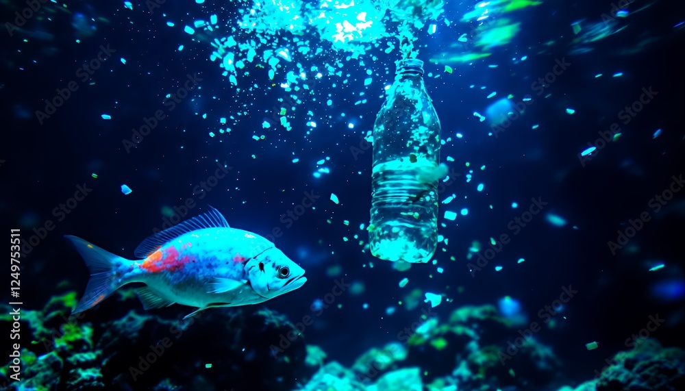 Fototapeta premium Fish Swimming Near Plastic Bottle in Polluted Ocean Water Environment