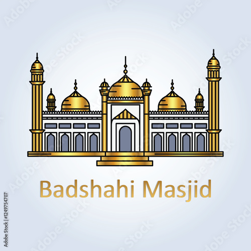 Badshahi mosque monument Lahore Pakistan, architectural landmark, golden color, illustration art