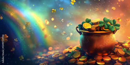 Spring Saint Patrick's day illustration with pot of gold coins, clover leaves, and rainbow.