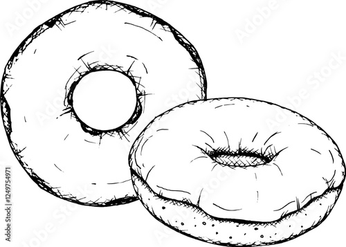 A simple black and white vector illustration of two round donuts in a hand-drawn style. Perfect for bakery branding, pastry shop branding, dessert menu, snack packaging, culinary, holiday project