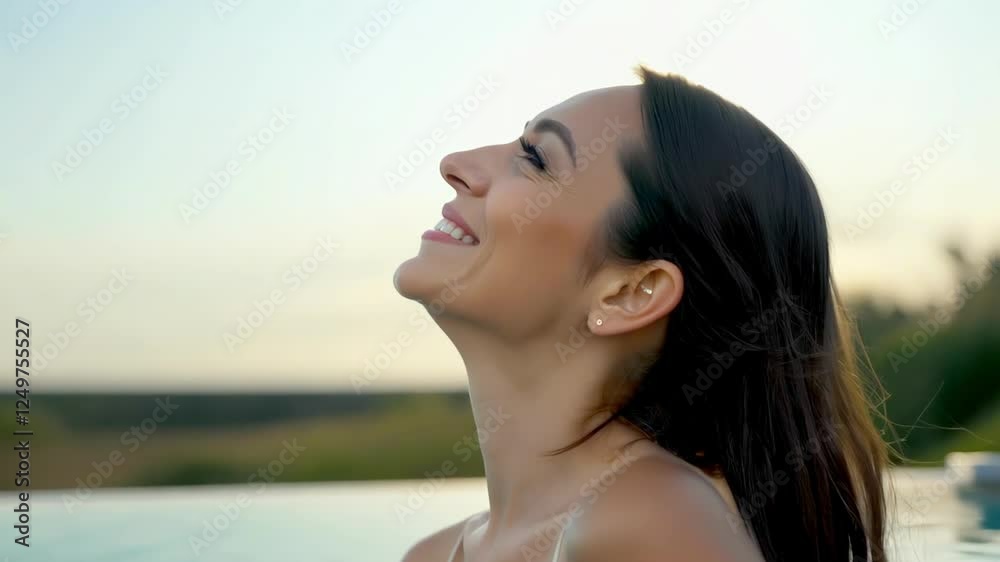 Smiling caucasian woman relaxing in infinity pool at sunset. concept of tranquility, selfcare, serene leisure, mindful relaxation Smiling caucasian woman relaxing in infinity pool at sunset. concept of tranquility, selfcare, serene leisure, mindful relaxation