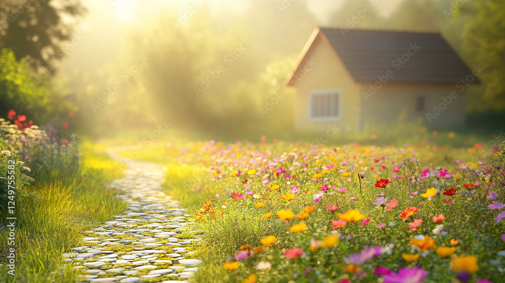 A serene minimalist house with a small, lush garden. The yard features colorful flowers and a stone path, offering a bright modern tone, with blurred space for captions on the side A serene minimalist house with a small, lush garden. The yard features colorful flowers and a stone path, offering a bright modern tone, with blurred space for captions on the side
