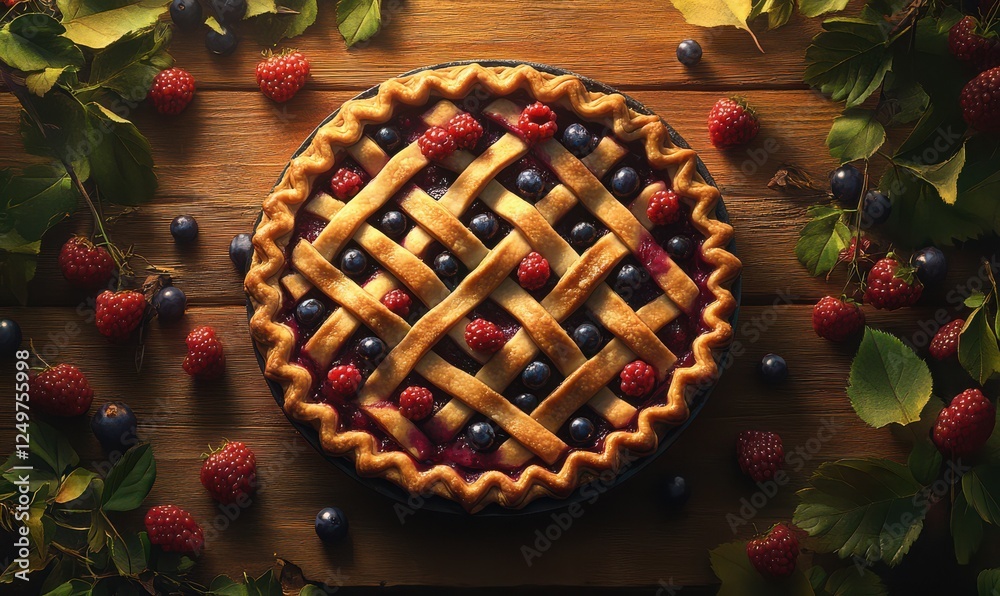 Colorful berry pie with a lattice crust, placed on a rustic wooden table surrounded by fresh berries, bathed in warm natural light, evoking homemade comfort Colorful berry pie with a lattice crust, placed on a rustic wooden table surrounded by fresh berries, bathed in warm natural light, evoking homemade comfort