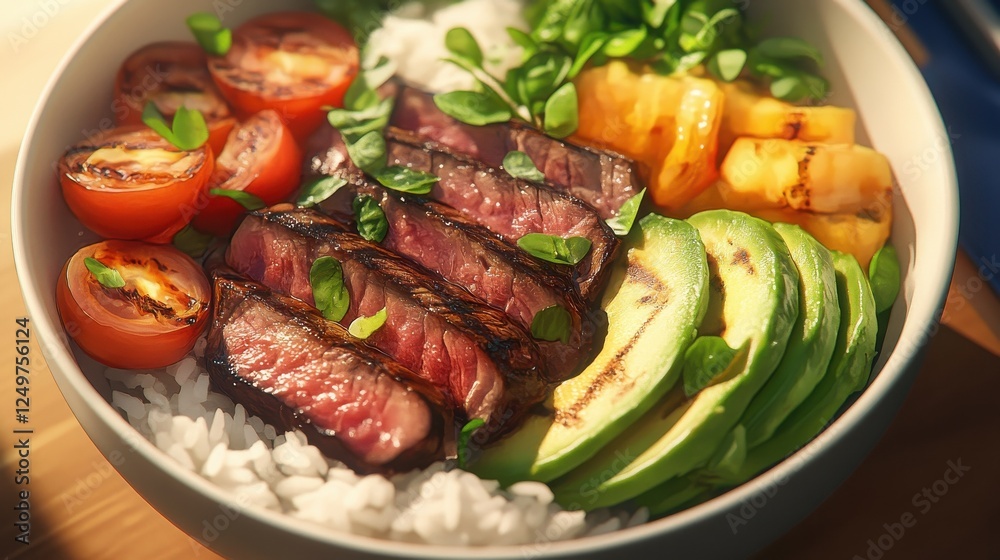 A savory steak bowl with grilled vegetables, rice, and avocado, offering a healthy and colorful meal option. A savory steak bowl with grilled vegetables, rice, and avocado, offering a healthy and colorful meal option.