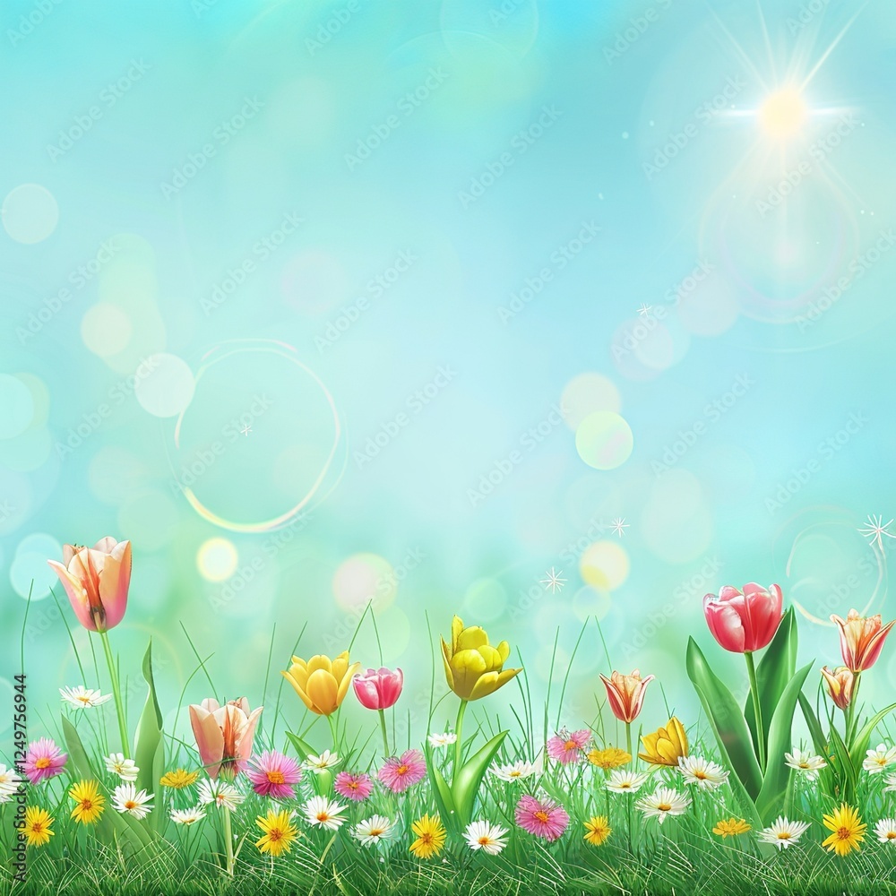 Colorful Tulips in Full Bloom Against a Bright Blue Sky Colorful Tulips in Full Bloom Against a Bright Blue Sky