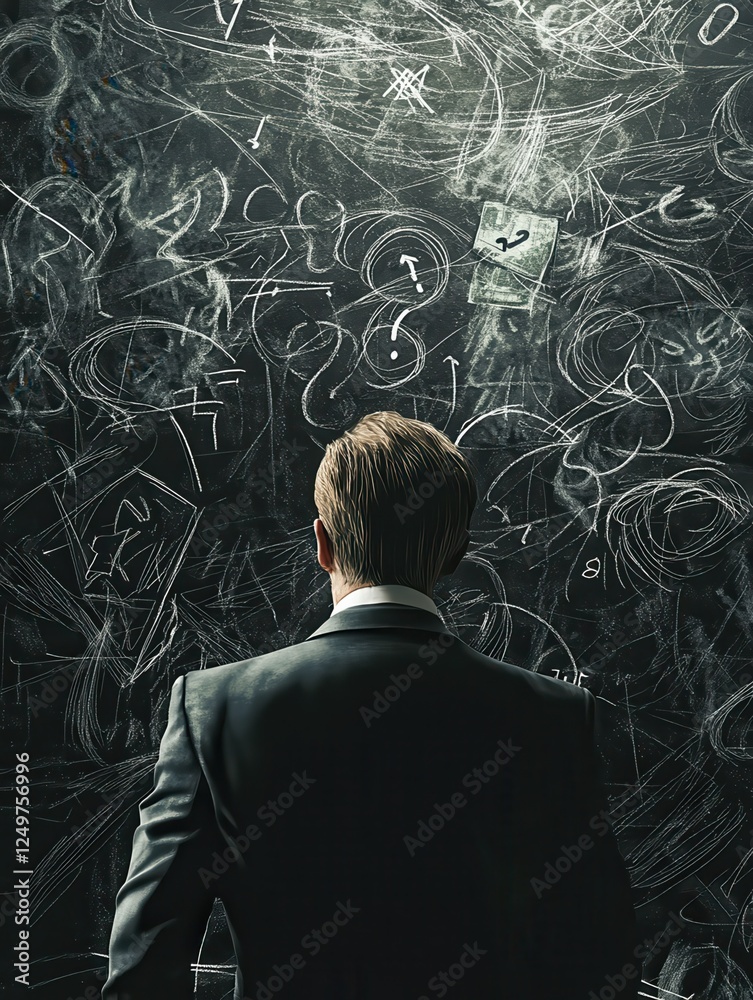 Money investoment concept with pensive businessman back view looking at black wall with handwritten sketch of money packs and question marks Money investoment concept with pensive businessman back view looking at black wall with handwritten sketch of money packs and question marks
