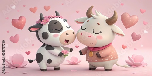 Pareja de vaca y toro enamorados Ilustracion digital 3d San Valentin photo