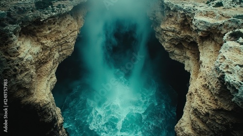 Dramatic turquoise water surging through coastal cave, mist rising photo